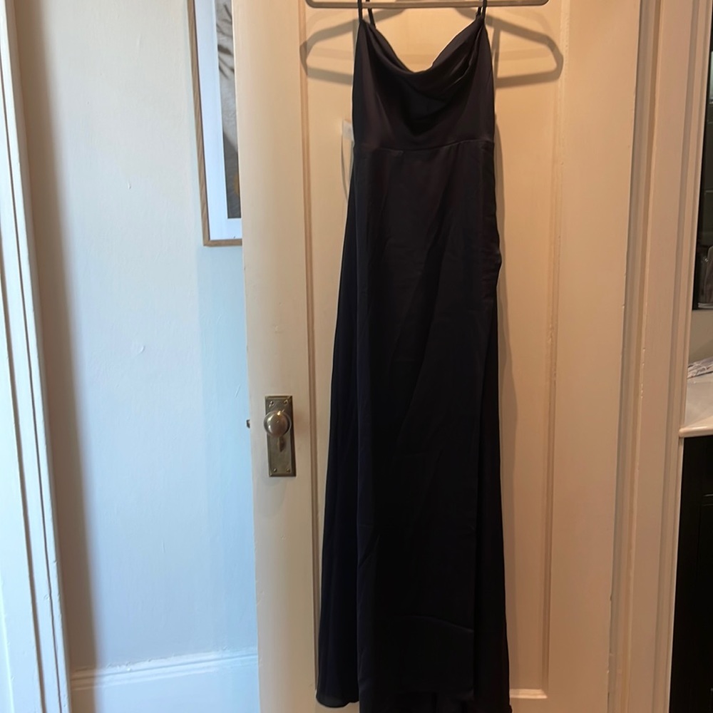 Fame and Partners Strappy Draped Gown Matte Satin Navy Blue